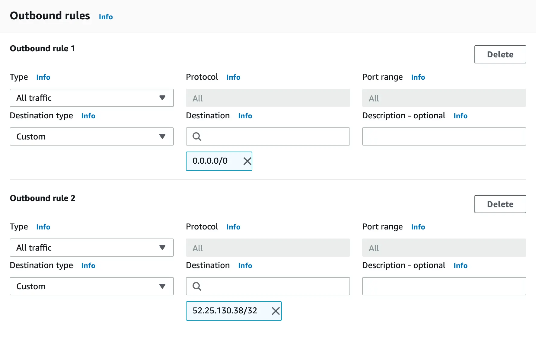 Two outbound rules for all traffic with custom destinations.