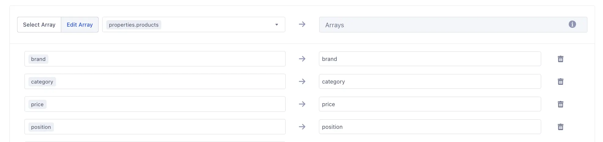 Mapping properties.products to individual attributes: brand, category, price, position in the Segment UI.