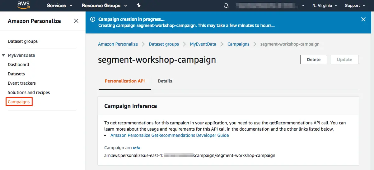 Amazon Personalize Campaign inference setting with Campaigns highlighted in navigation.