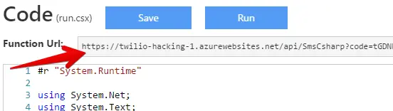 Highlighted function URL for Twilio API in code editor.