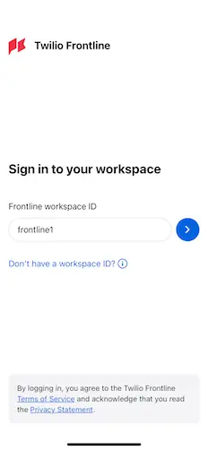 Twilio Frontline workspace ID login screen with terms of service link.
