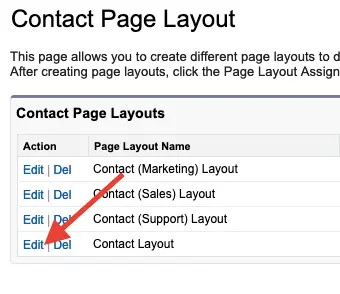 Arrow pointing to Edit link for Contact Layout in page layout list.