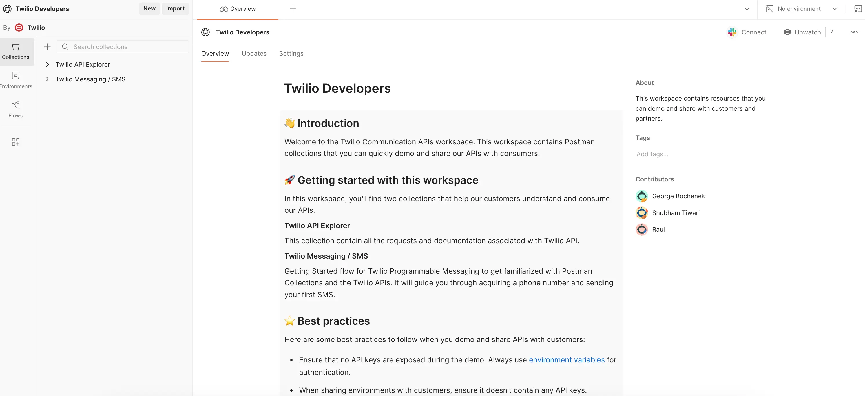 Twilio Developer workspace with API Explorer and Messaging collections.