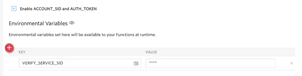 Environment Variables form with fields for VERIFY_SERVICE_SID key and masked value.