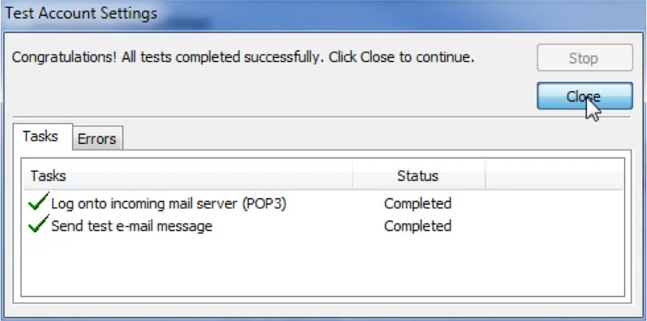 Test account settings showing all tasks completed successfully.