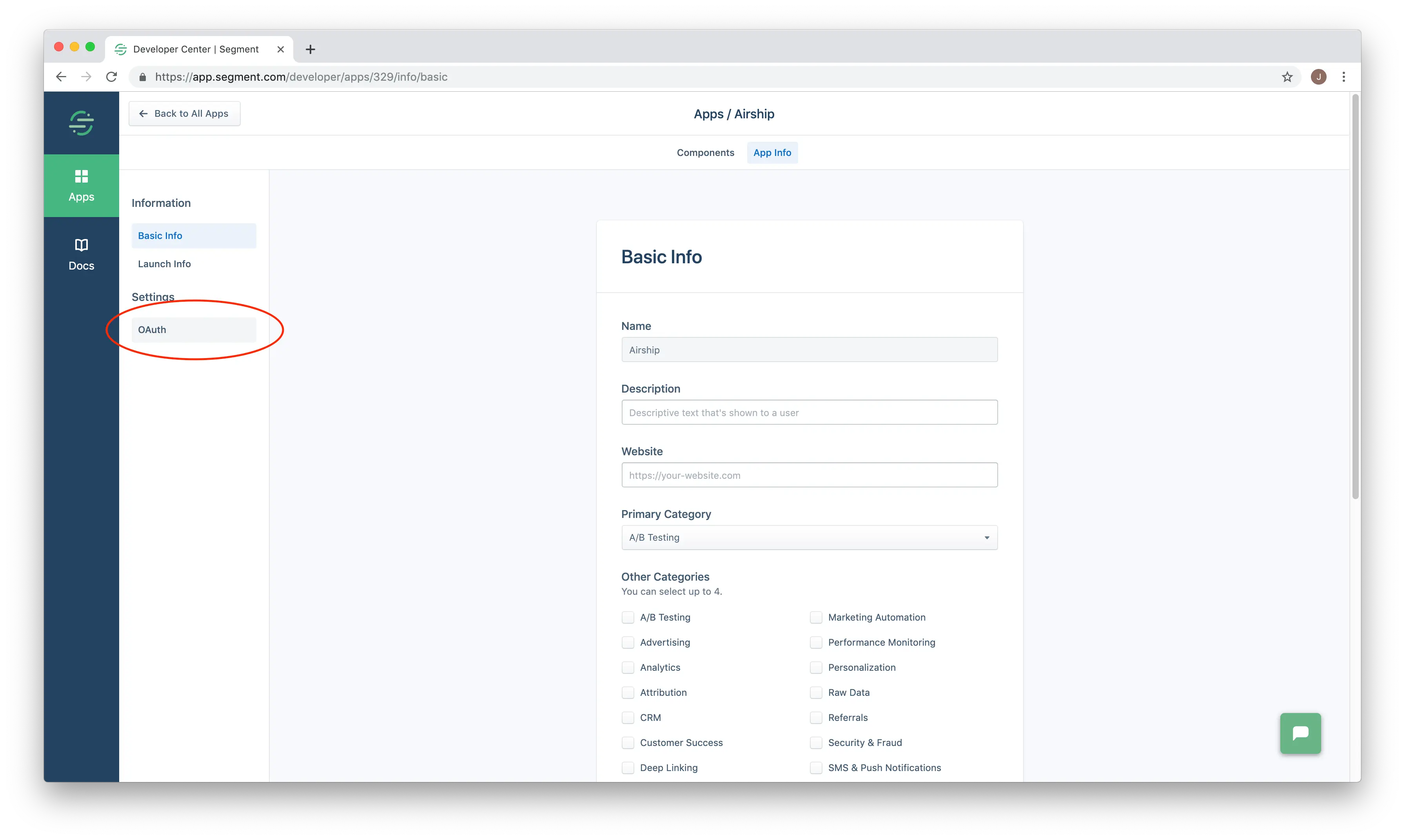 OAuth settings with updated app confirmation and redirect URL highlighted.
