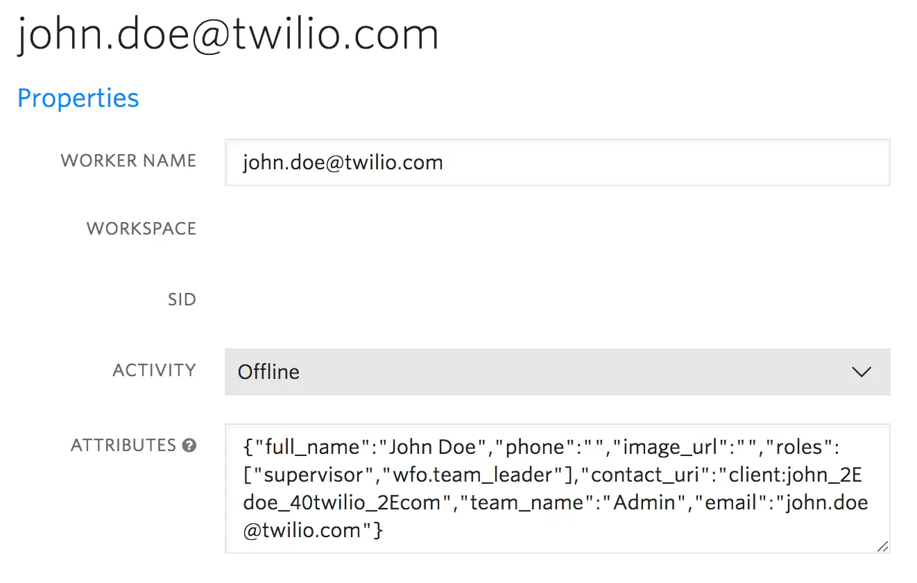 User profile showing email john.doe@twilio.com, activity offline, and roles supervisor, team leader.