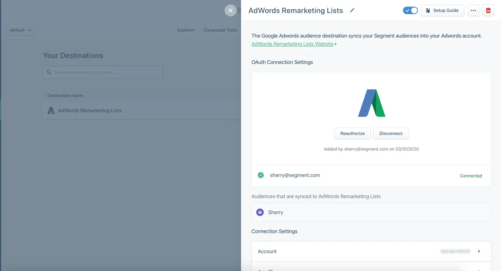 A screenshot of the Segment destinations page, with the Google AdWords Remarketing Lists destination selected.