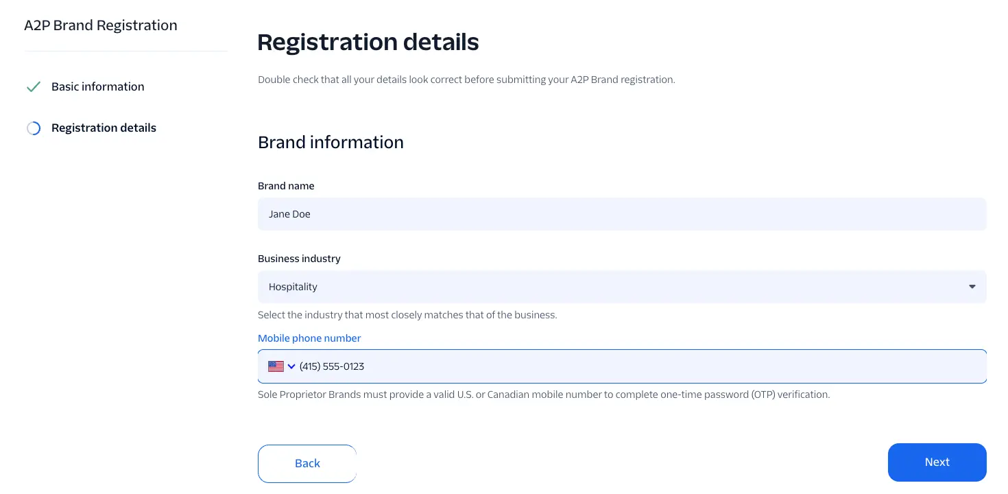 Brand information screen with Brand name, Business industry, and Mobile phone number fields.