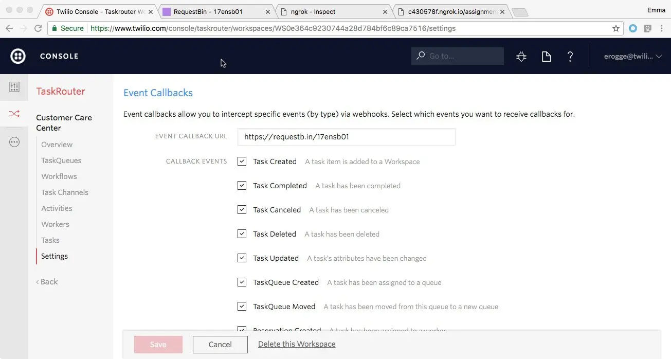 Twilio console showing event callback URL and selected callback events like Task Created and Task Completed.