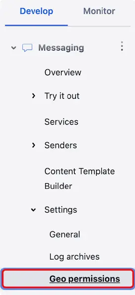 Geo permissions highlighted in messaging console side navigation.