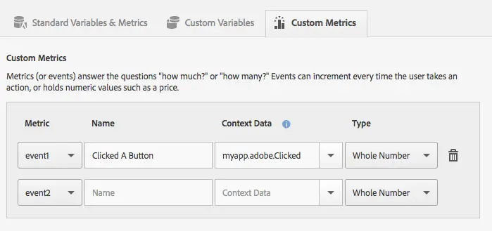 The Custom Metrics tab in Adobe's Mobile Services Dashboard, with one custom metric, Clicked a Button, defined.