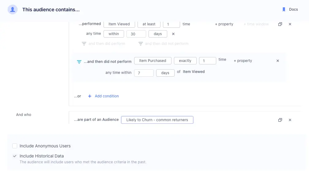 Audience criteria for users who viewed but did not purchase an item within 7 days.