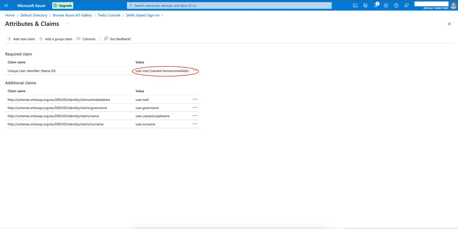 Azure AD NameID configuration with user.mail as unique identifier.