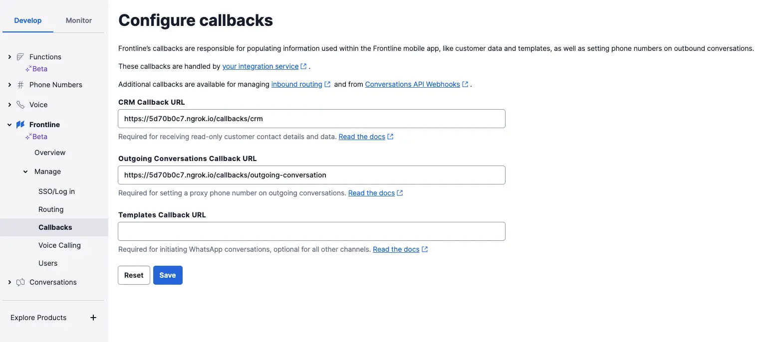 Frontline Configure Callbacks.