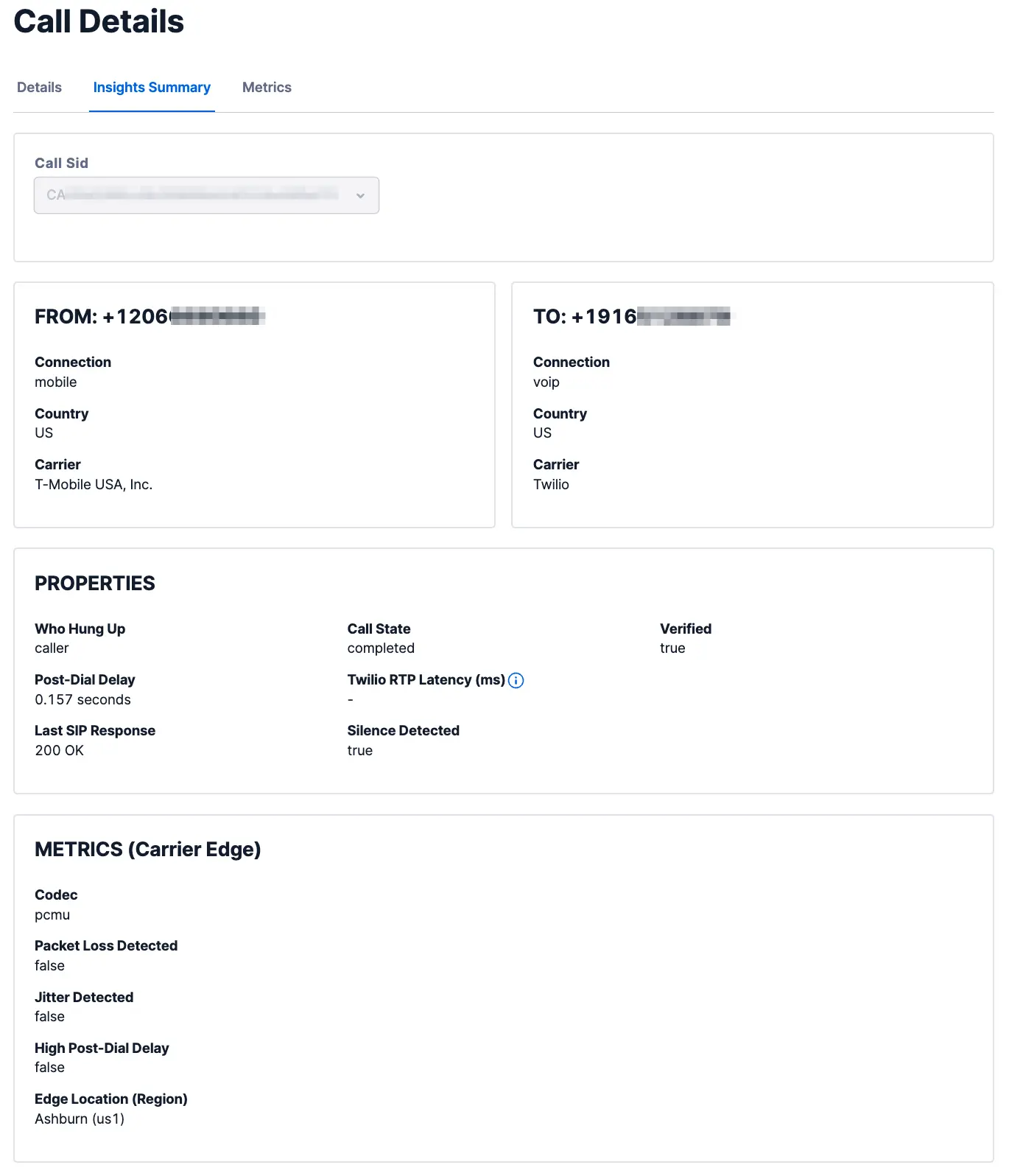 Call summary showing connection details, properties, and metrics for a completed call.