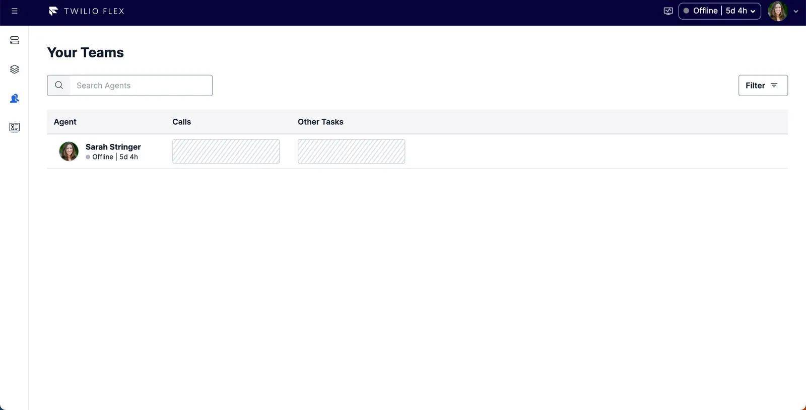 Teams view showing one offline agent with no active calls or tasks.