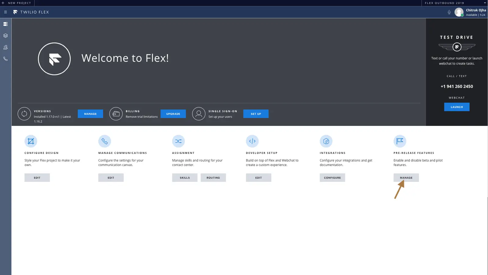 The Flex Admin View with an arrow pointing to a button labeled 'manage' for pre release features.