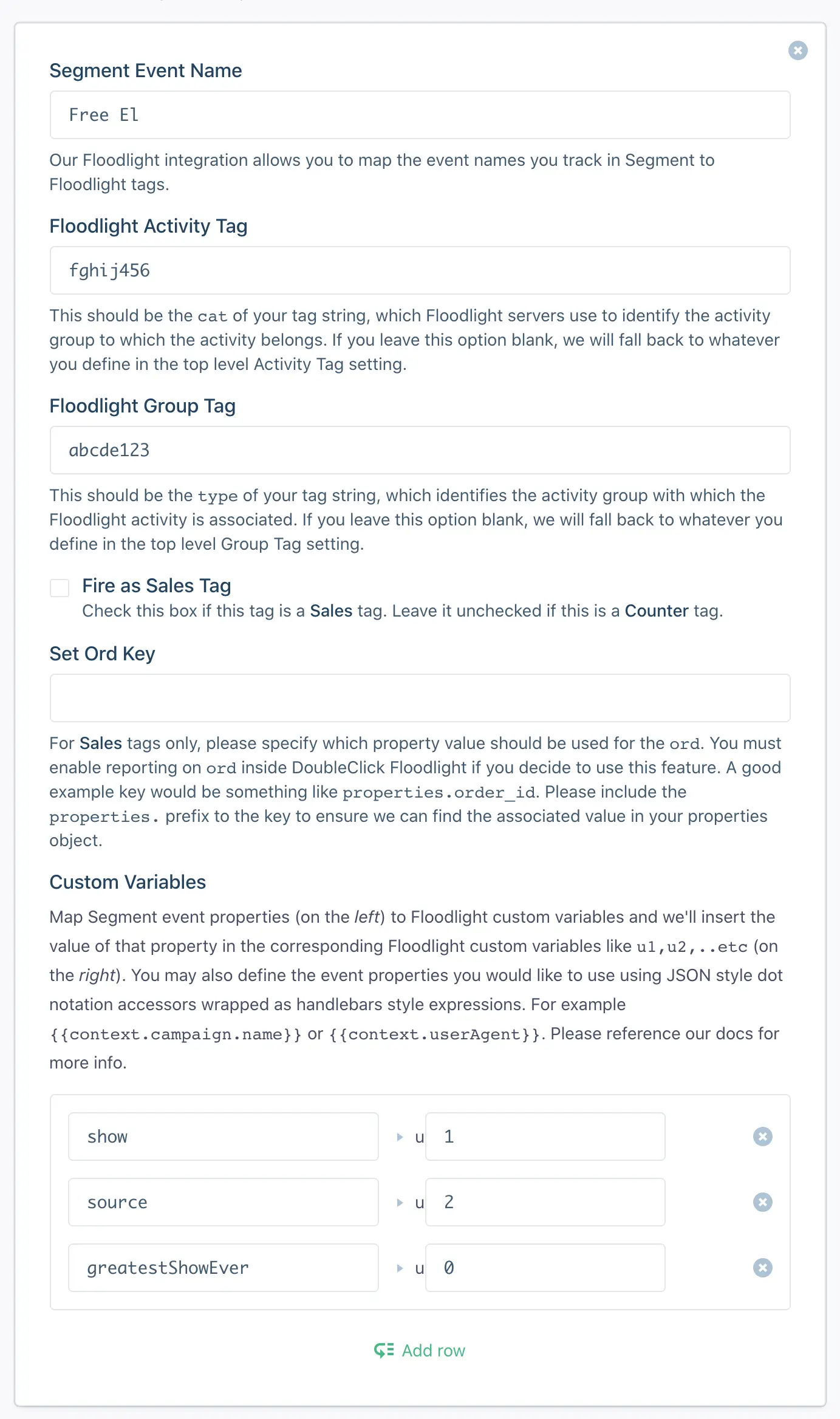 Floodlight tag settings with fields for segment event name, activity tag, group tag, and custom variables.