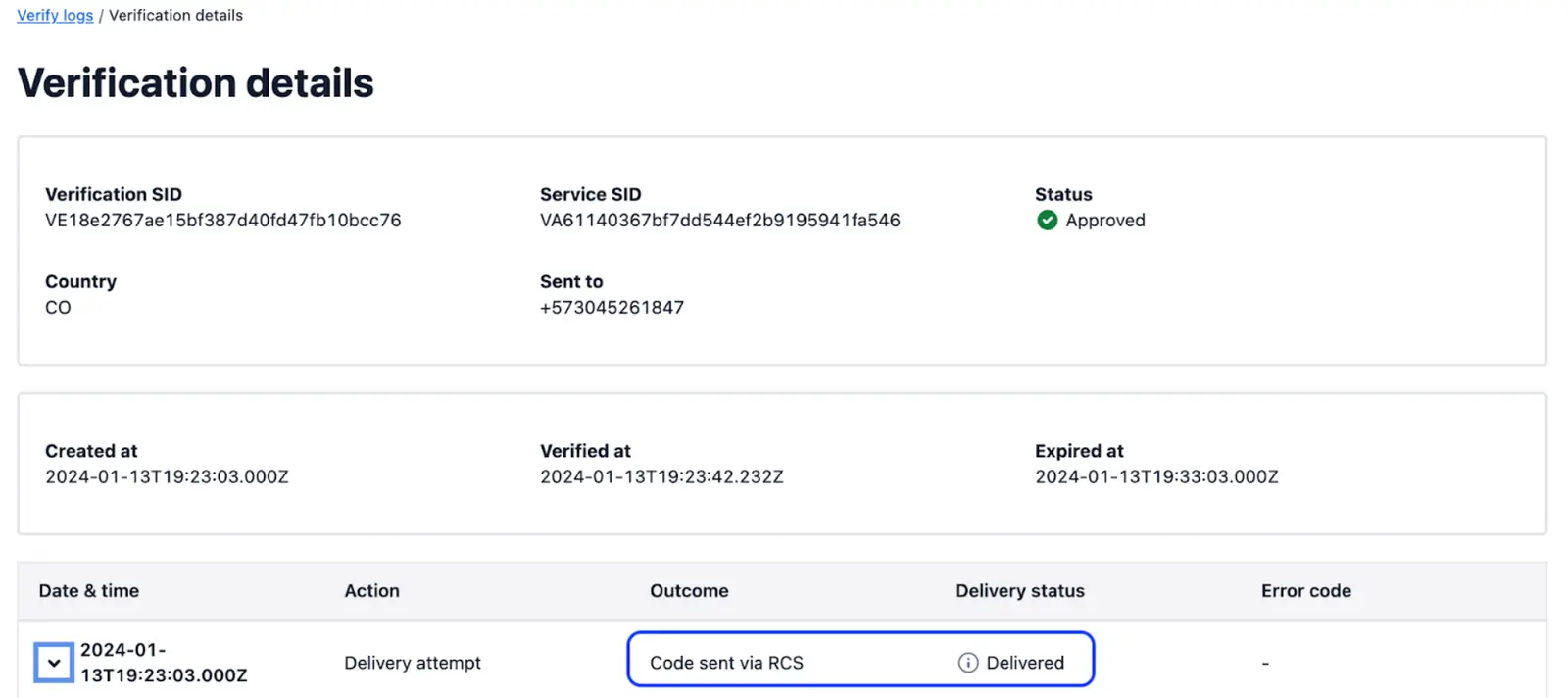 Verification details showing code sent via RCS, status approved, sent to +573045261847.