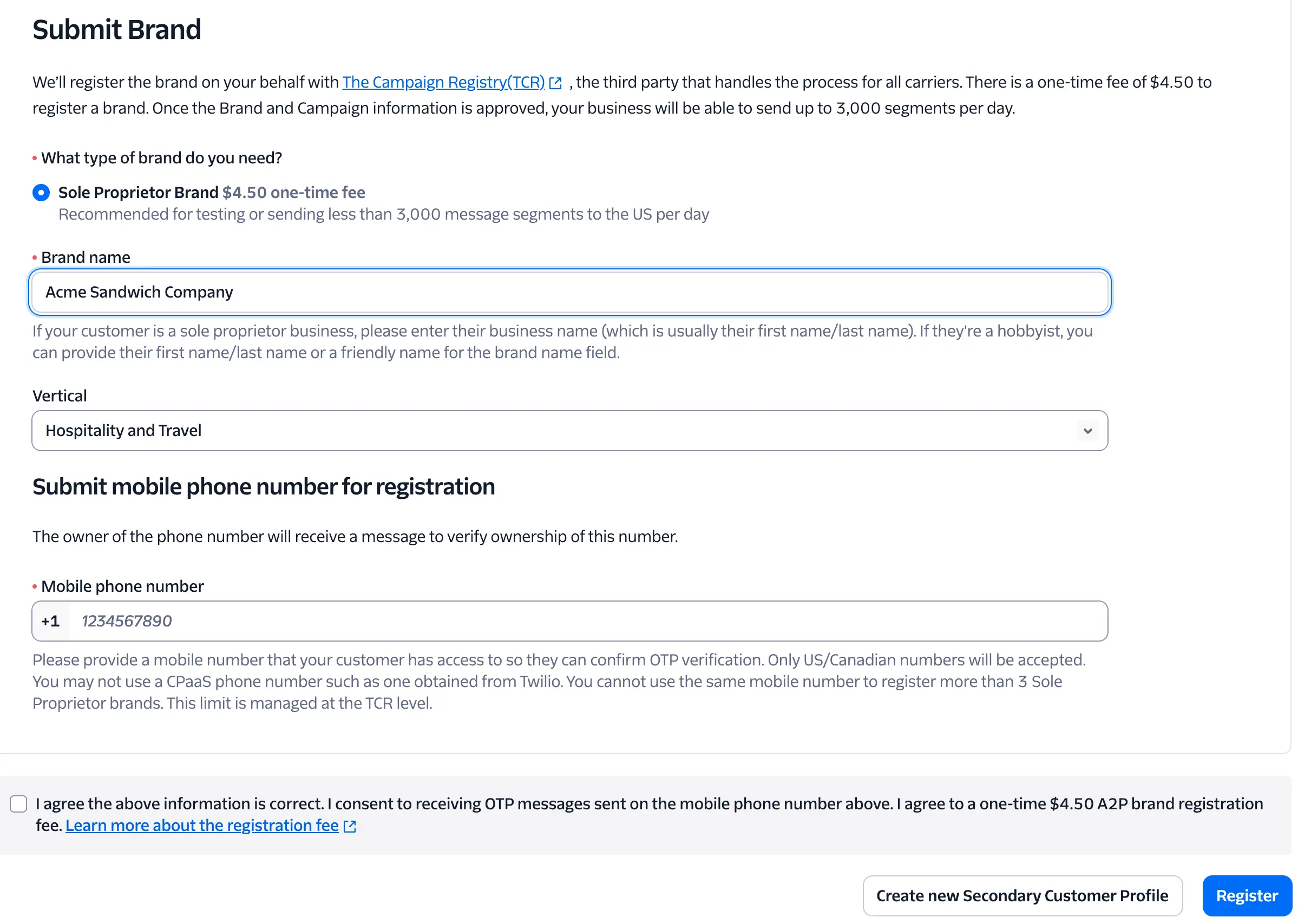 Form for sole proprietor brand registration with fields for brand name, vertical, and mobile phone number.