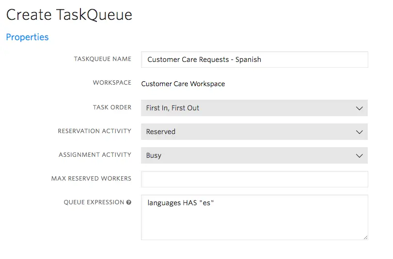 Create TaskQueue form with Spanish customer care settings and queue expression 'languages HAS es'.