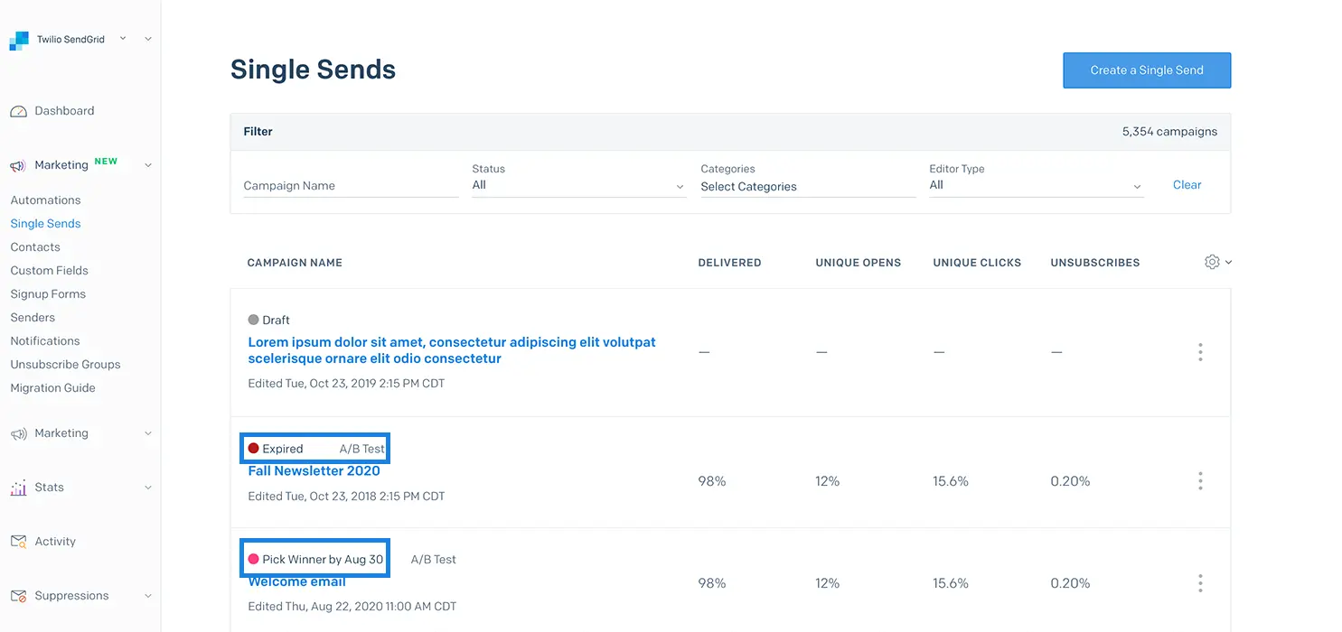 Single Sends page showing campaigns with expired and soon to expire A/B tests highlighted.