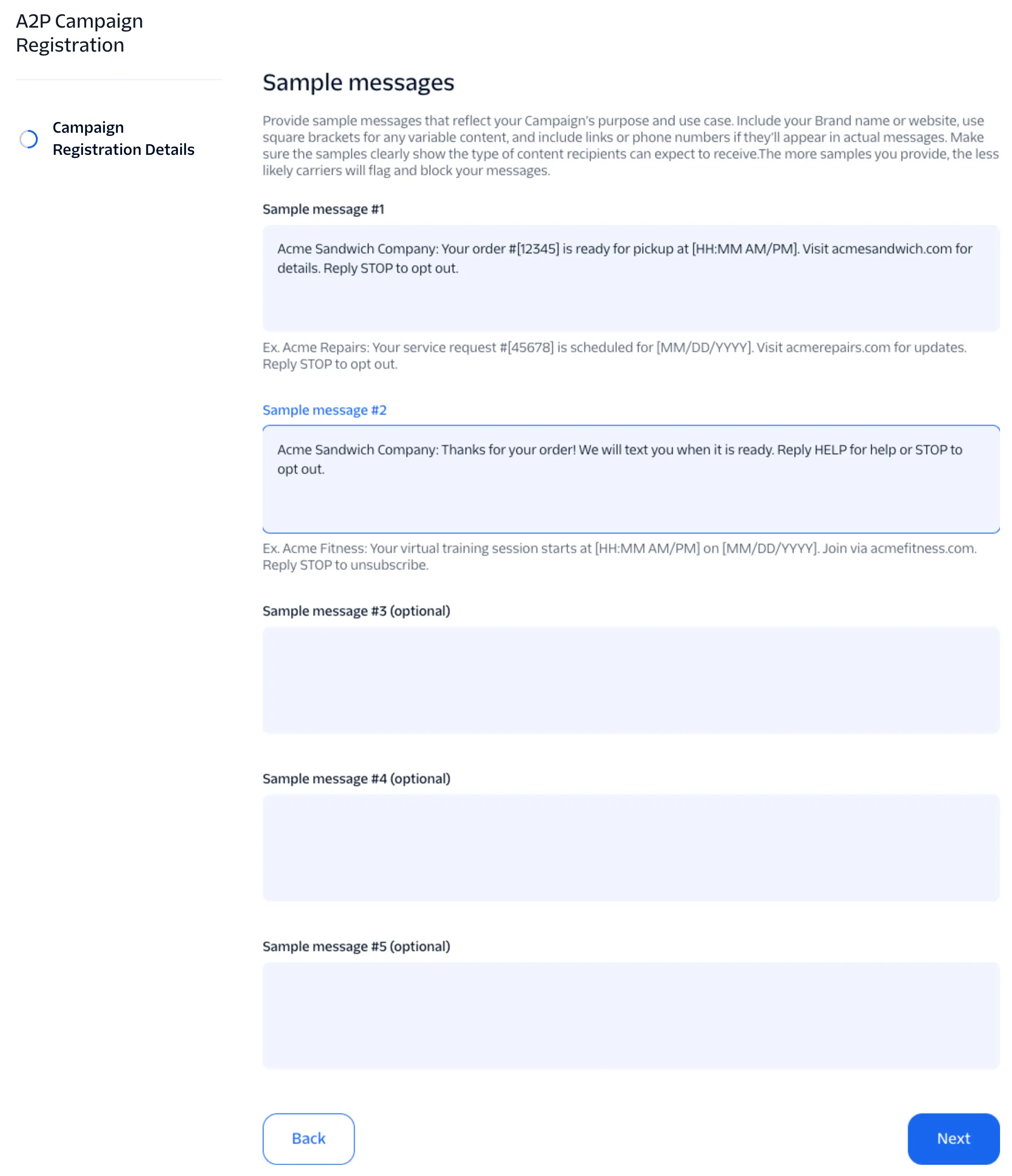 Sample messages screen with two sample messages filled in and three optional sample message fields.