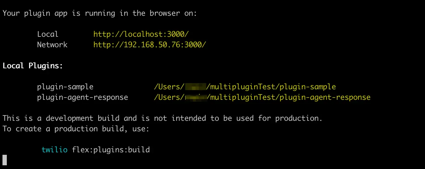 Twilio plugin app running locally with sample and agent response plugins.