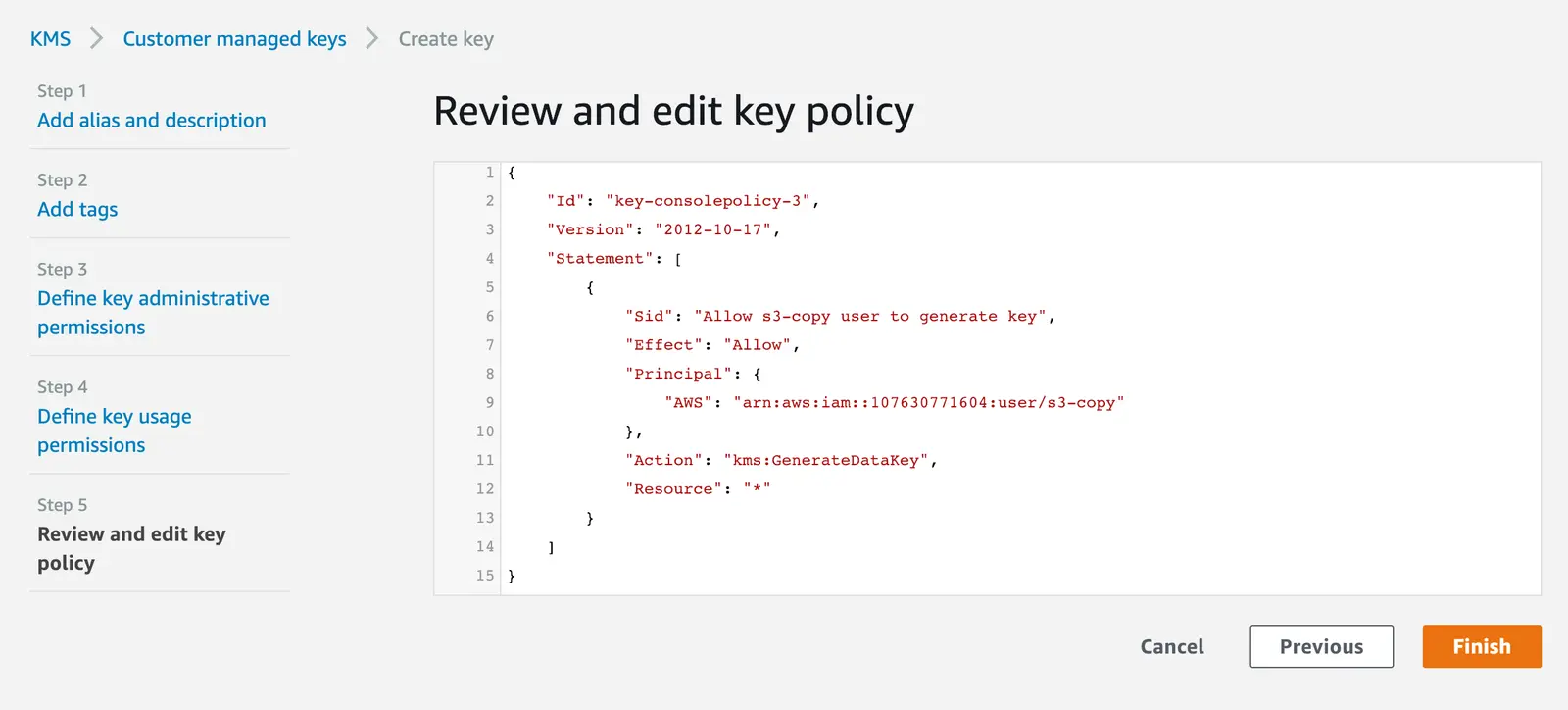 AWS key policy review with JSON code for s3-copy user permissions.