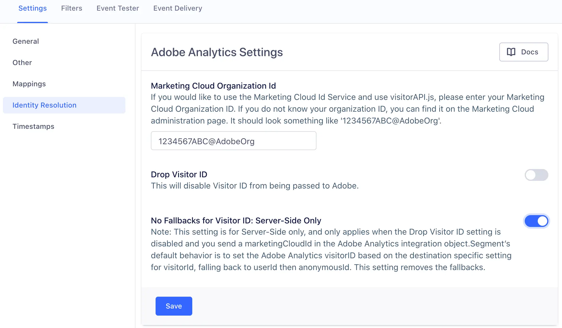 A screenshot of the Adobe Analytics settings page in Segment, with the Identity Resolution section selected.