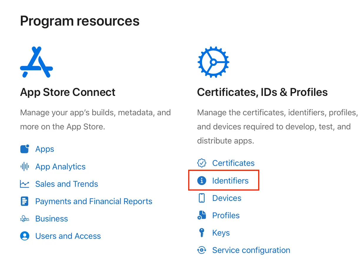 The Apple Developer Portal Program resources page with the Identifiers link highlighted under Certificates, IDs & Profiles.