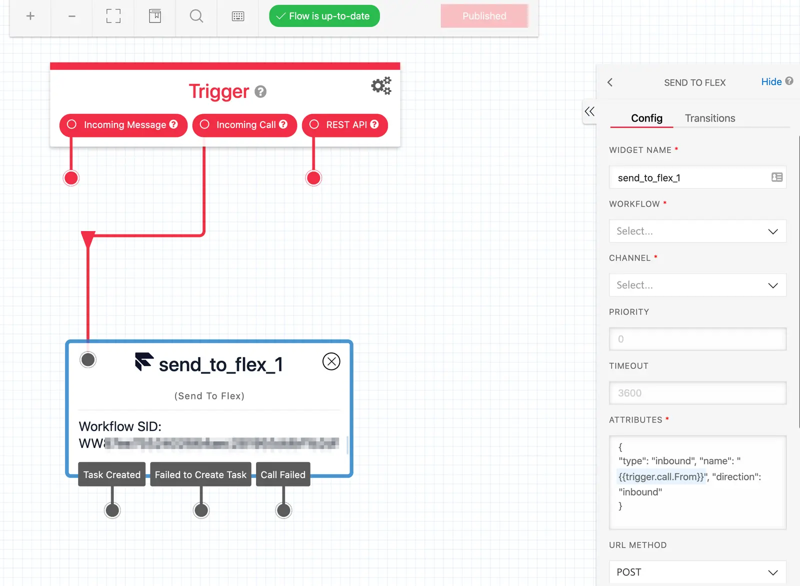 Twilio Studio flow showing trigger for incoming message, call, and REST API leading to send_to_flex_1 widget.