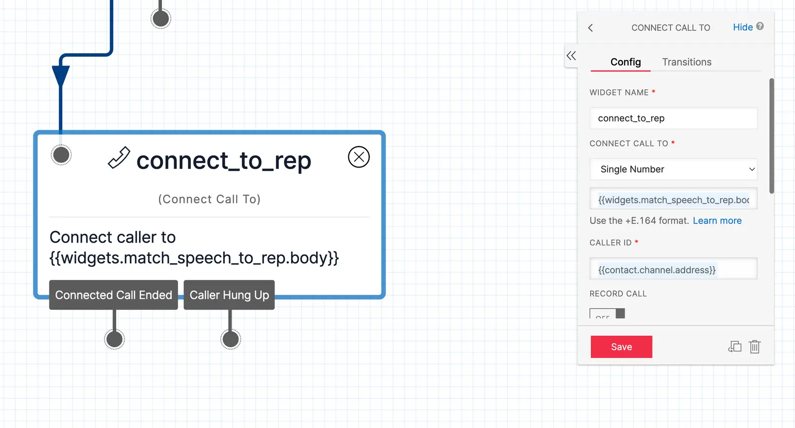 Twilio Studio Tutorial Route Leads Connect Call widget with configuration panel on the right.