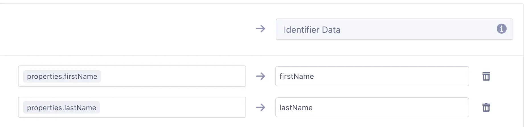 Mapping properties.firstName and properties.lastName to firstName and lastName under Identifier Data.