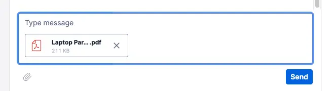 Message input with attached PDF file named 'Laptop Par...pdf', size 211 KB.