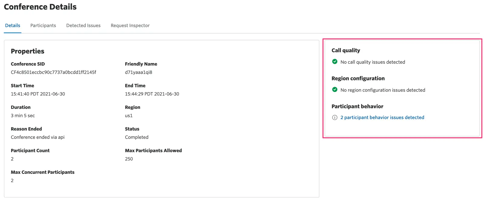 Conference details with no call quality issues and 2 participant behavior issues detected.