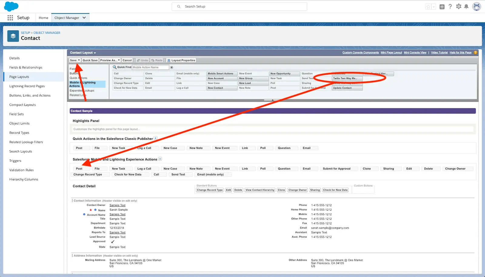 Salesforce contact page layout with Twilio Two Way Messaging highlighted.