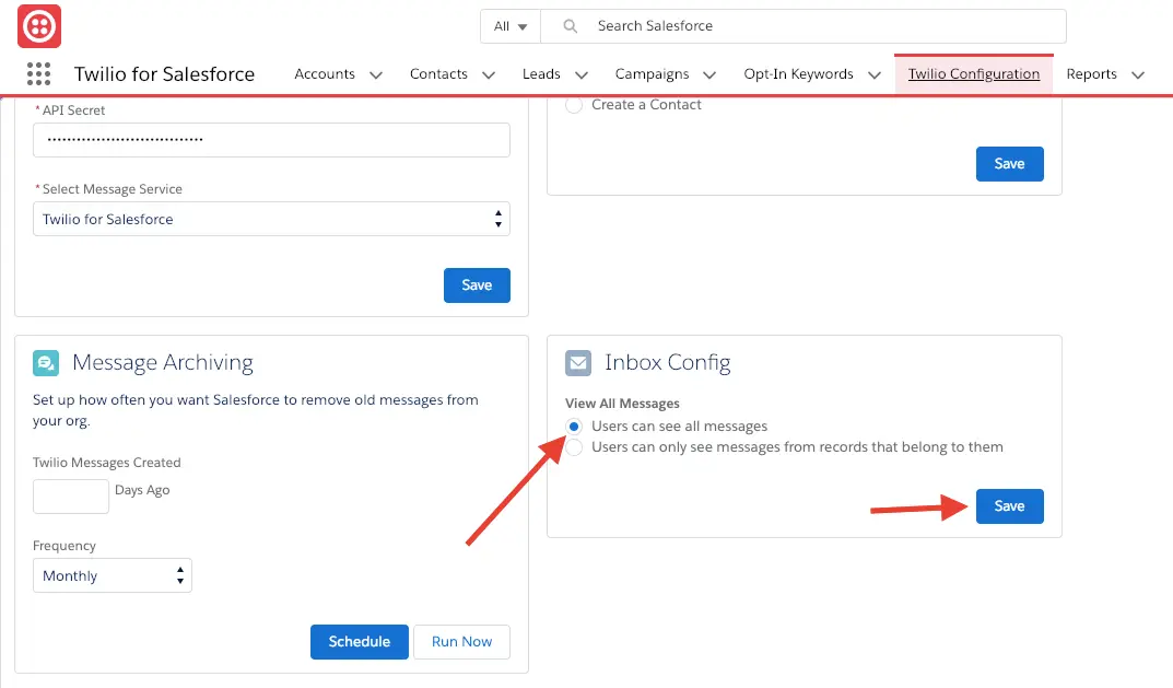 Twilio for Salesforce SMS Inbox configuration with options to view all messages or user-specific messages.