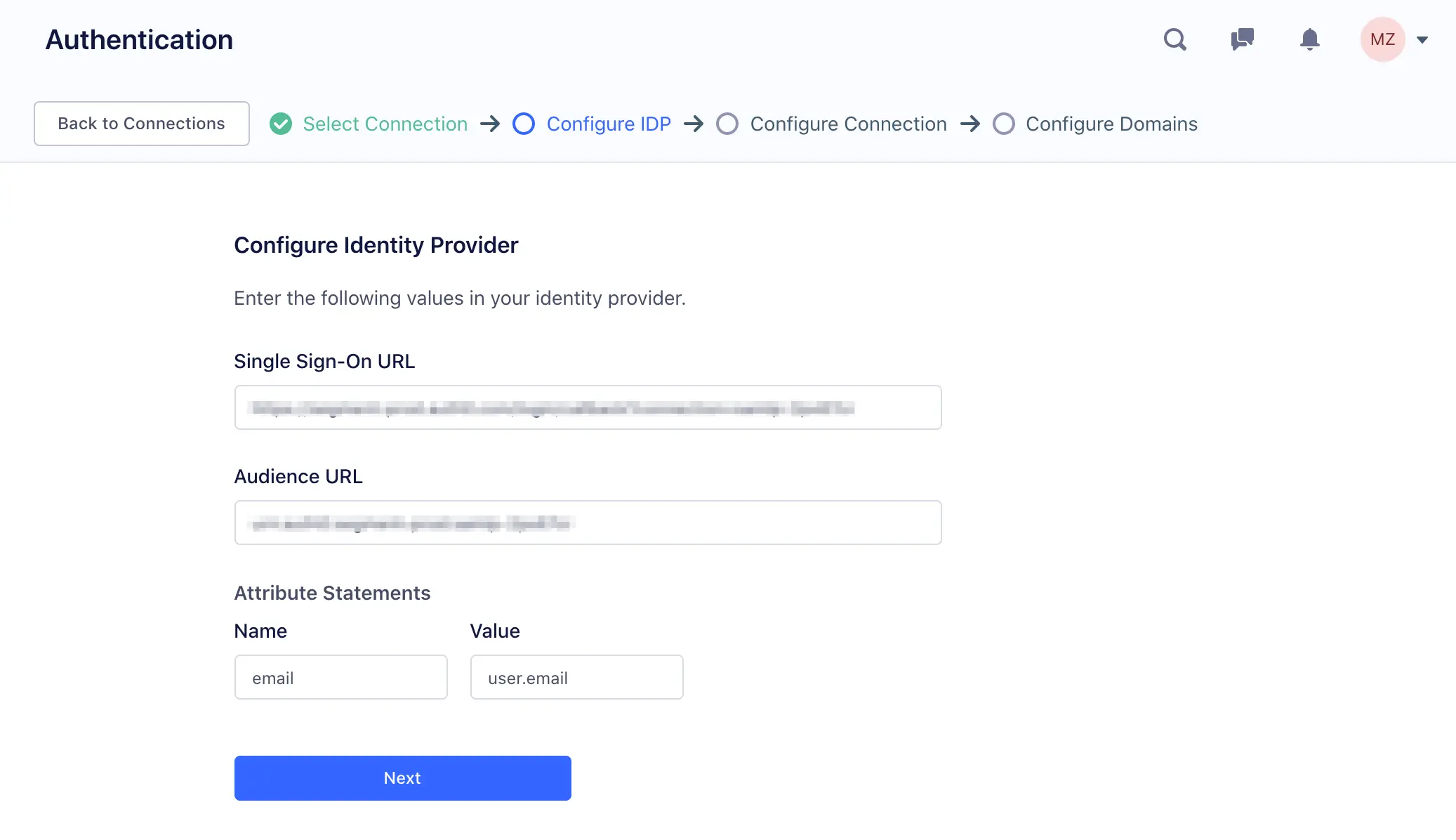 Configure Identity Provider screen with fields for SSO URL, Audience URL, and email attribute statement.