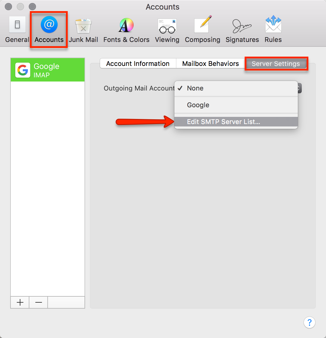 Mail, Preferences, Outgoing Mail Server (SMTP) dropdown, Edit SMTP Server List.