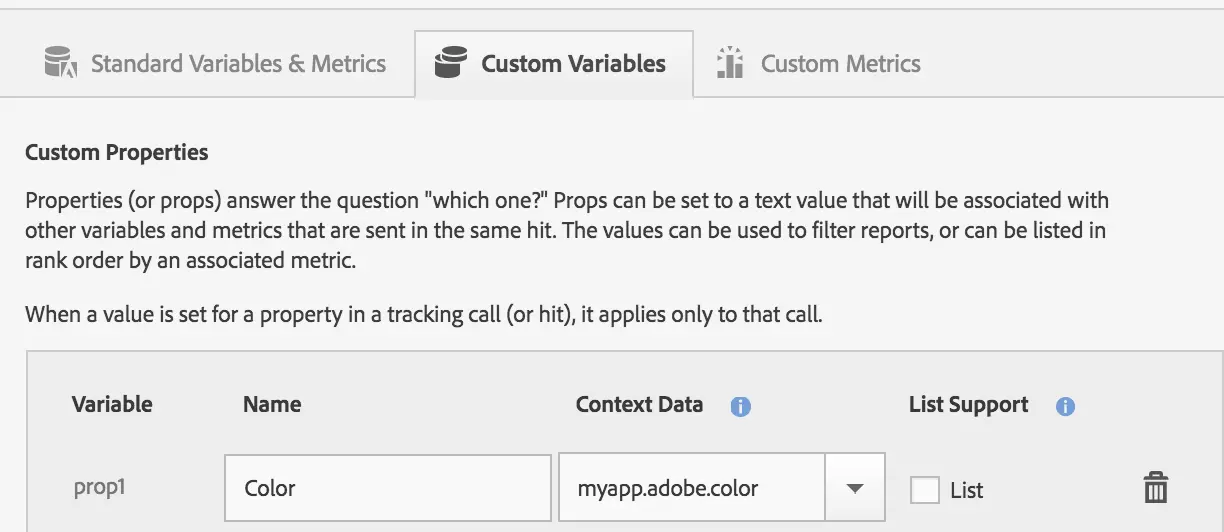 The Custom Variables tab in Adobe's Mobile Services Dashboard, with one custom variable, Color, defined.