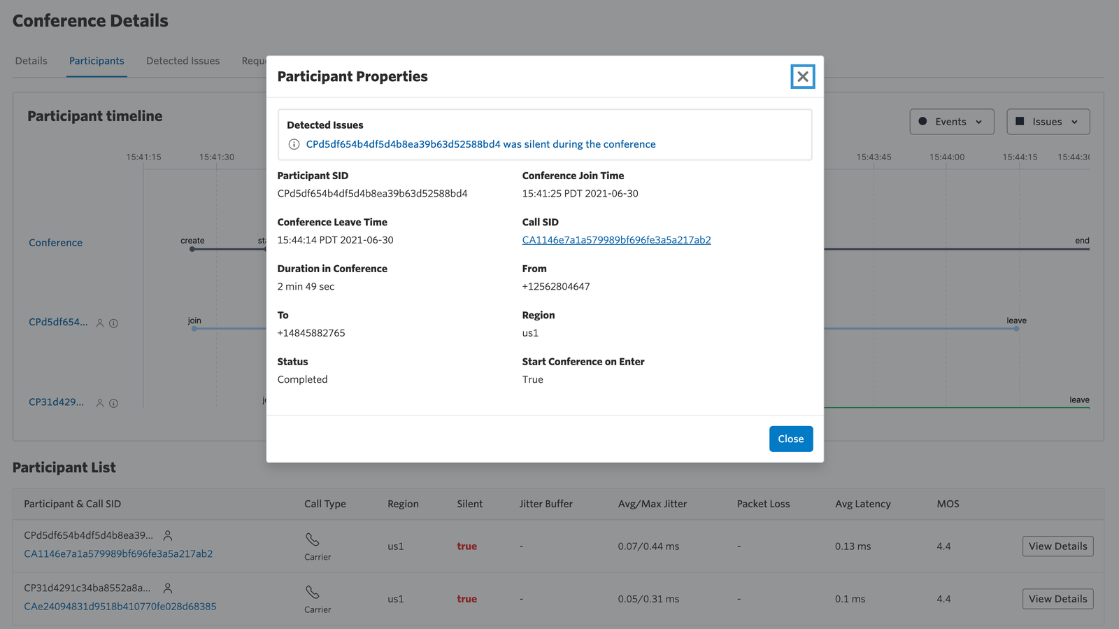Participant Properties Modal.