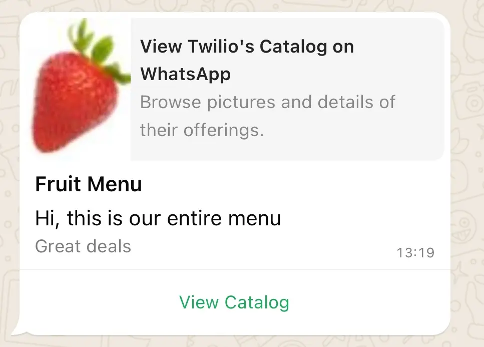 WhatsApp message preview of Twilio's fruit menu catalog with a strawberry.