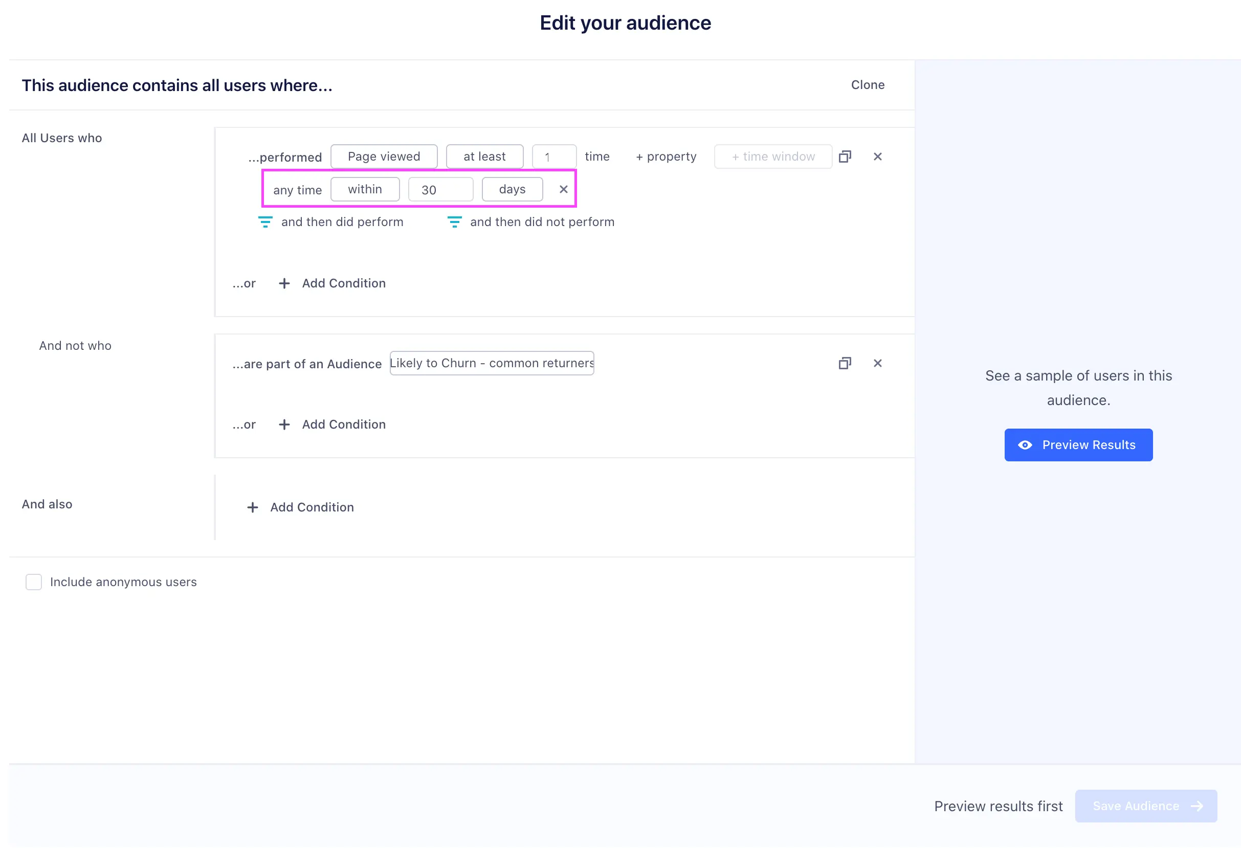 Audience builder showing users who viewed a page at least once within 30 days, excluding likely to churn.