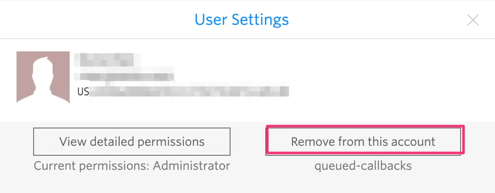 User settings with remove from account button highlighted.