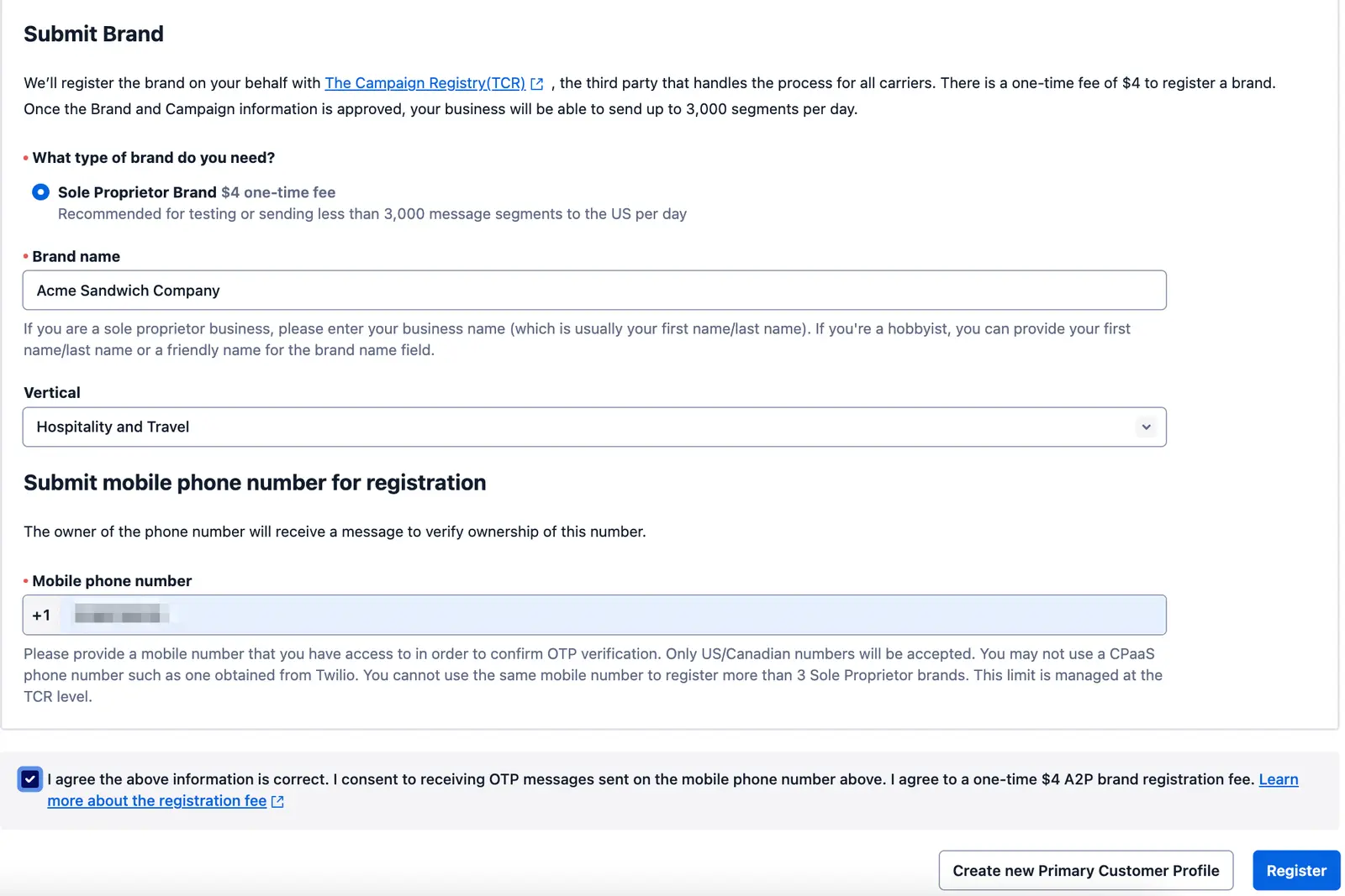 Form for sole proprietor brand registration with fields for brand name, vertical, and mobile phone number.
