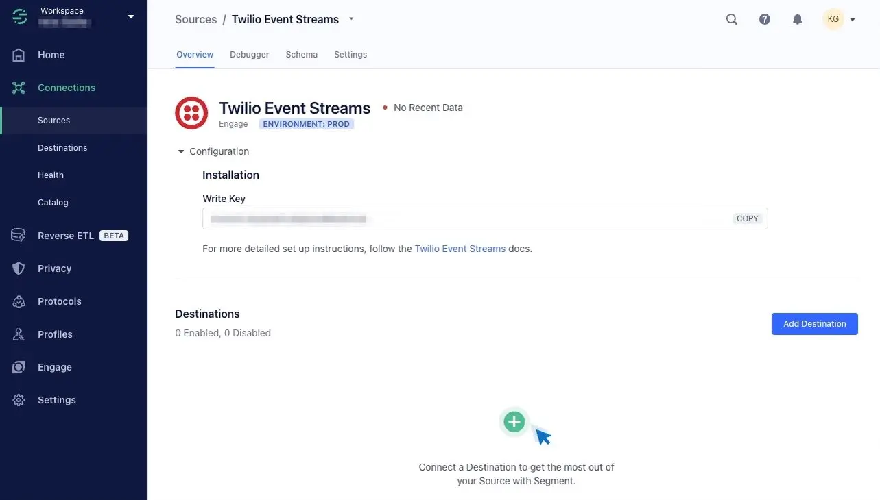 Twilio Event Streams configuration page with installation write key and add destination button.