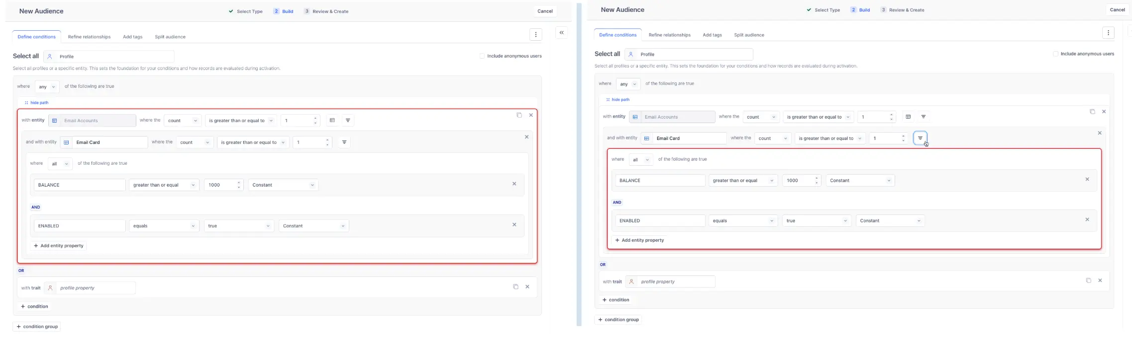 Entity condition groups (left) and entity property condition groups (right)