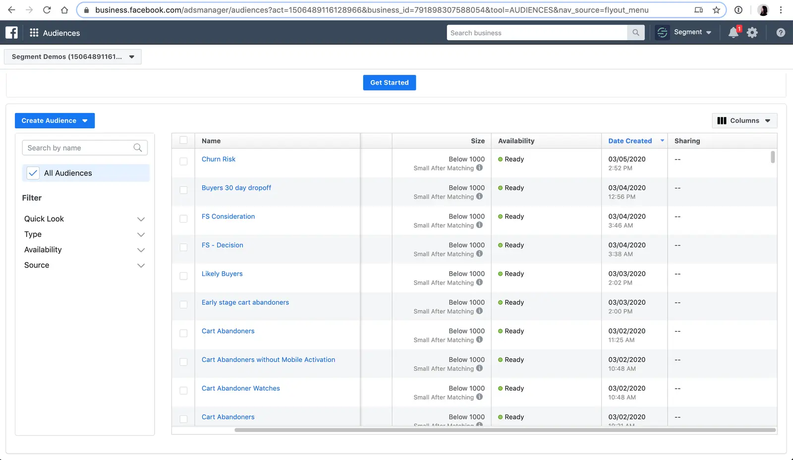 Facebook Ads Audiences page showing audience names, sizes, and availability status.